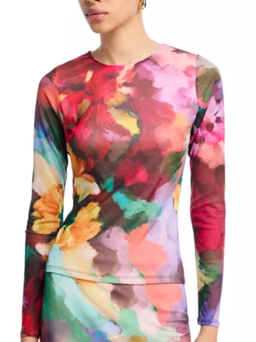 AQUA - Floral Mesh Long Sleeve XS Top Bloomingdale’s Exclusive Multicolored